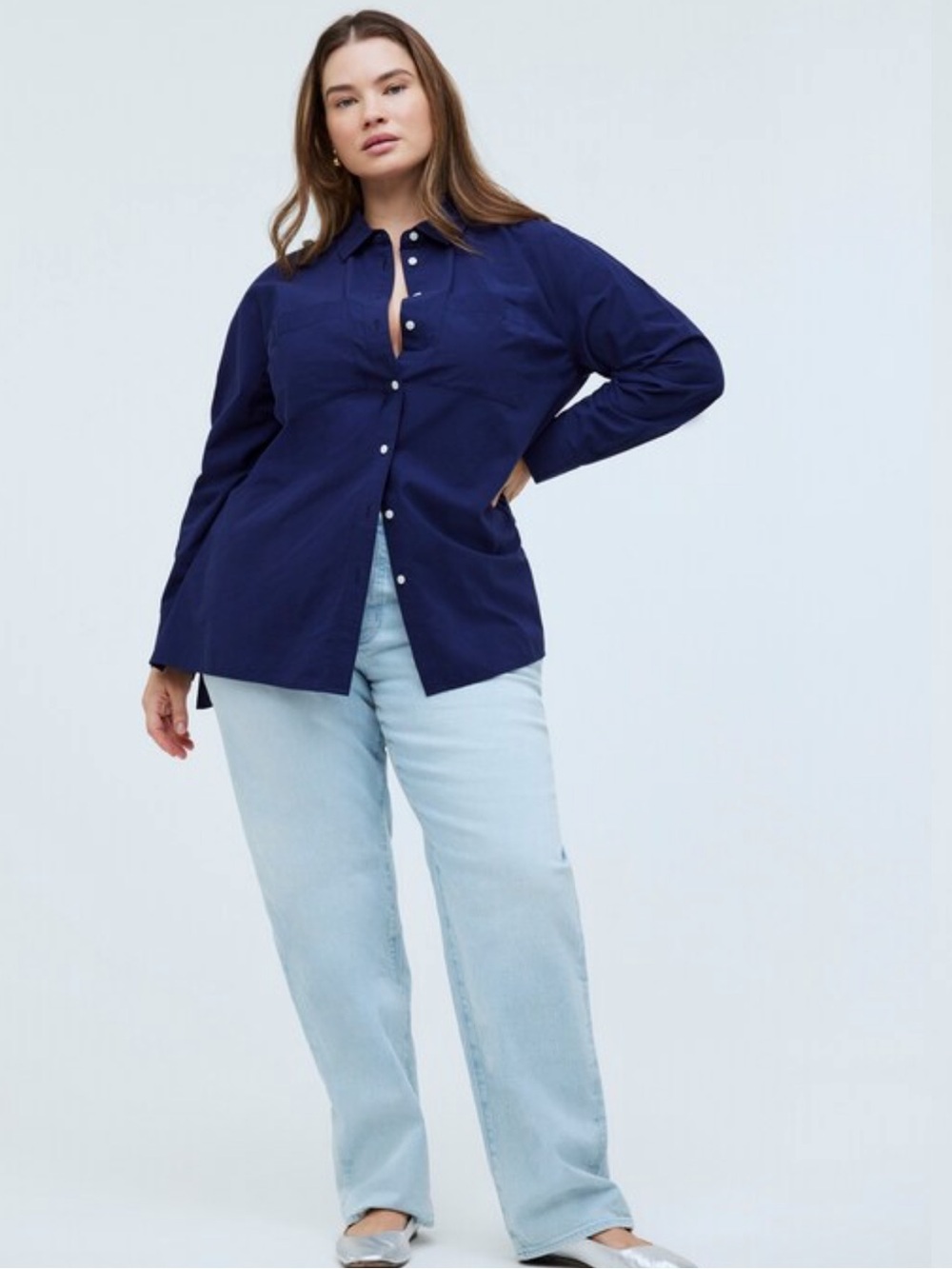 NWT Madewell Plus Oversized Patch Pocket Shirt 100% Cotton in Blue 4